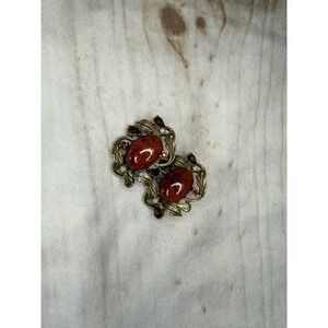Vintage Claudette ClipOn Earrings Red Art Glass Cabochon Rhinestone Signed As Is